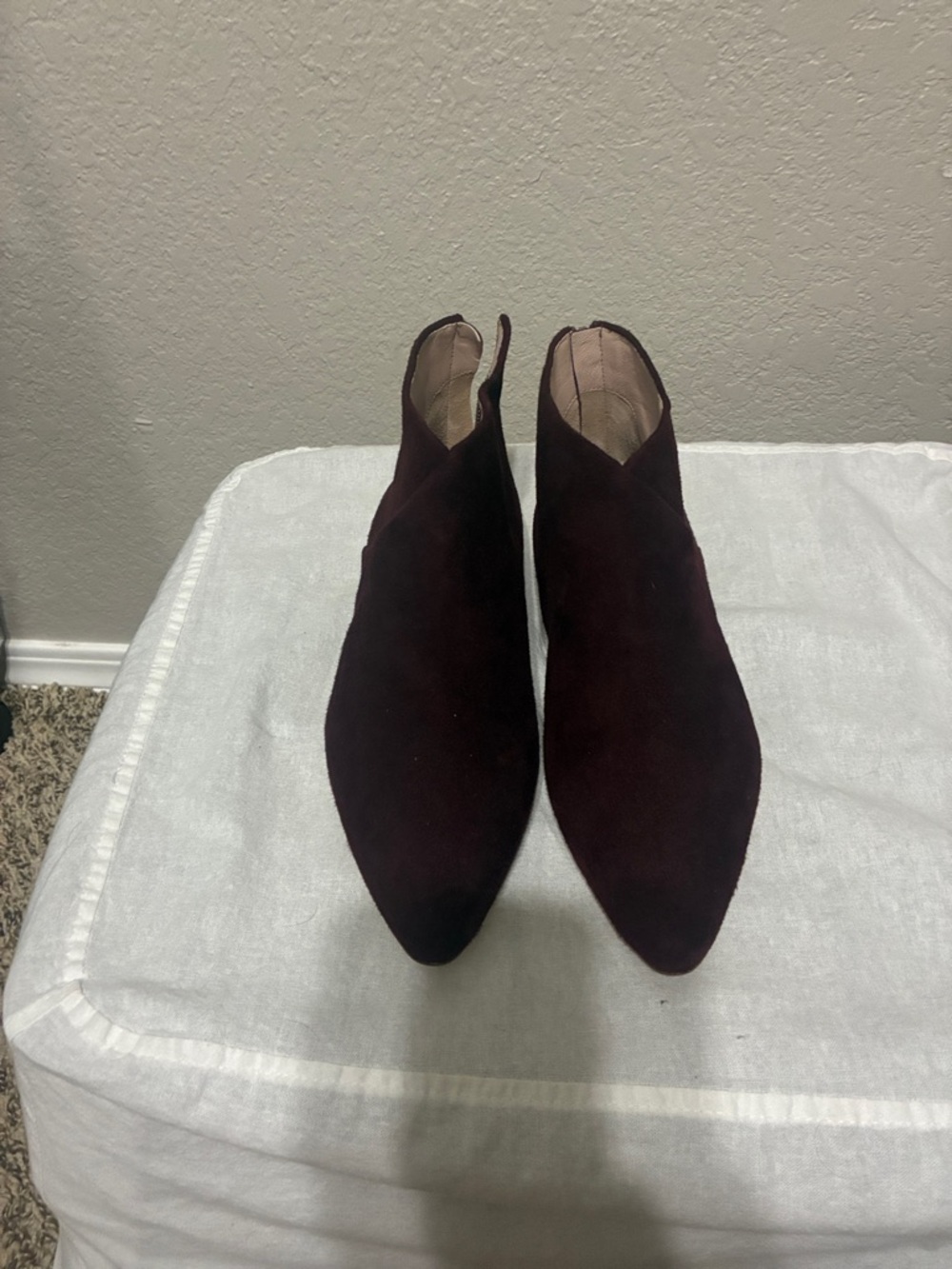 Miu Miu Pointed Toe Suede Ankle Booties - Burgundy